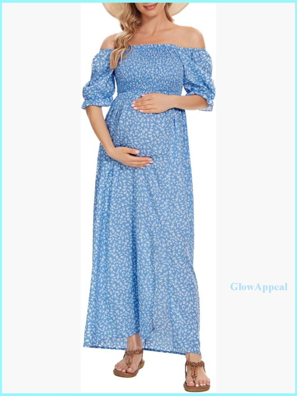 Maternity Maxi Dress Square Neck Puff Sleeve Smocked Boho Floral